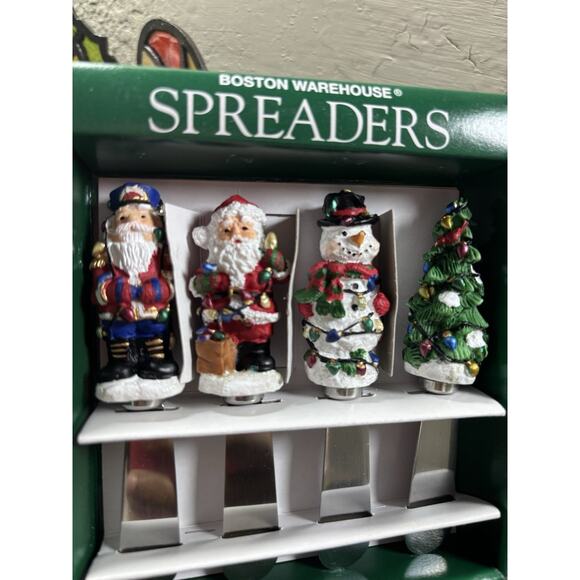 4 Boston Warehouse Christmas Spreaders Cheese Knives Soldier Snowman Santa Tree - Picture 2 of 4